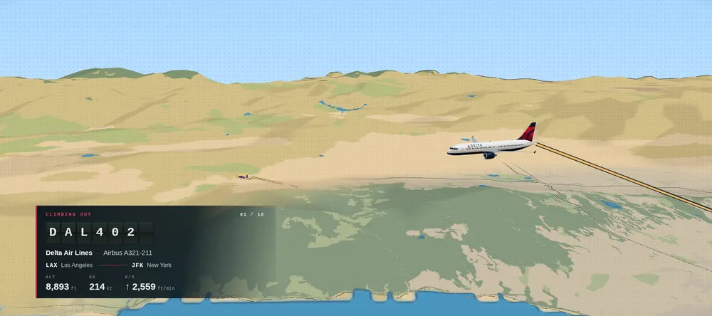 A Delta A321 climbing out over the hills.