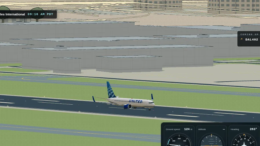 A United 737 touching down, seen from the control tower.