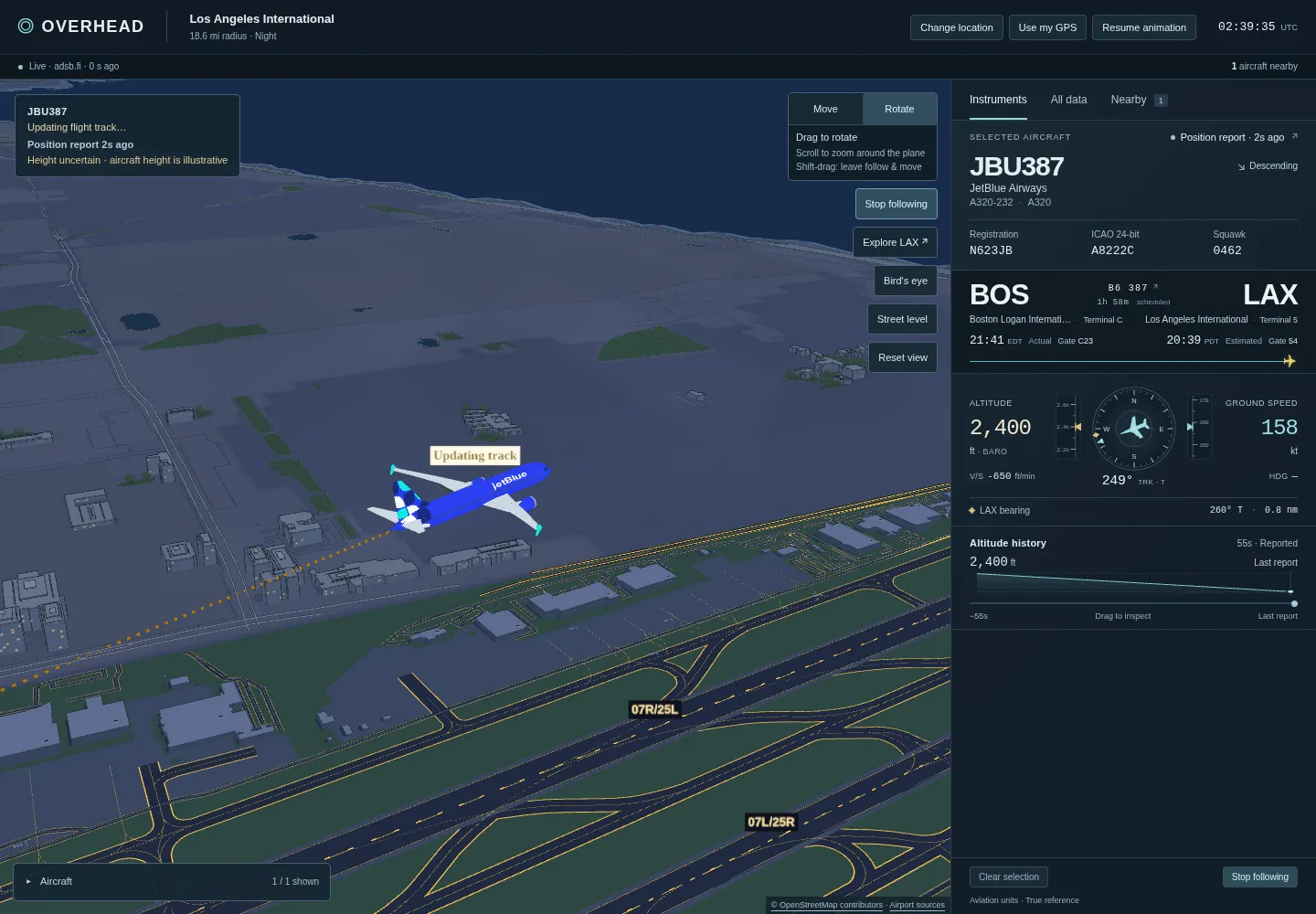 Overhead following a JetBlue A320 on approach to LAX at night, with its instruments and route beside it.