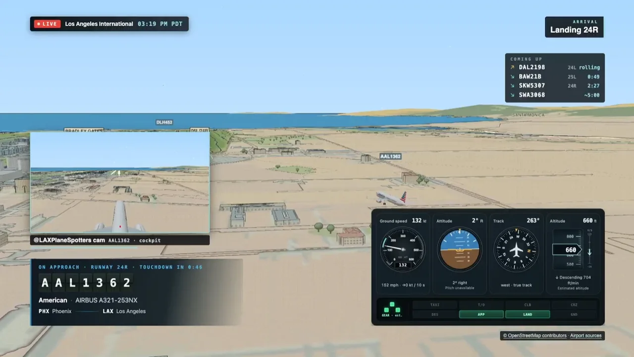 The live broadcast: an American A321 on approach to runway 24R with its instruments, and a viewer's on-board camera of it in the picture-in-picture.